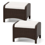 Costway Set di 2 poggiapiedi da giardino in PE rattan con cuscino rimovibile, Pouf da esterno ottomano multiuso Bianco