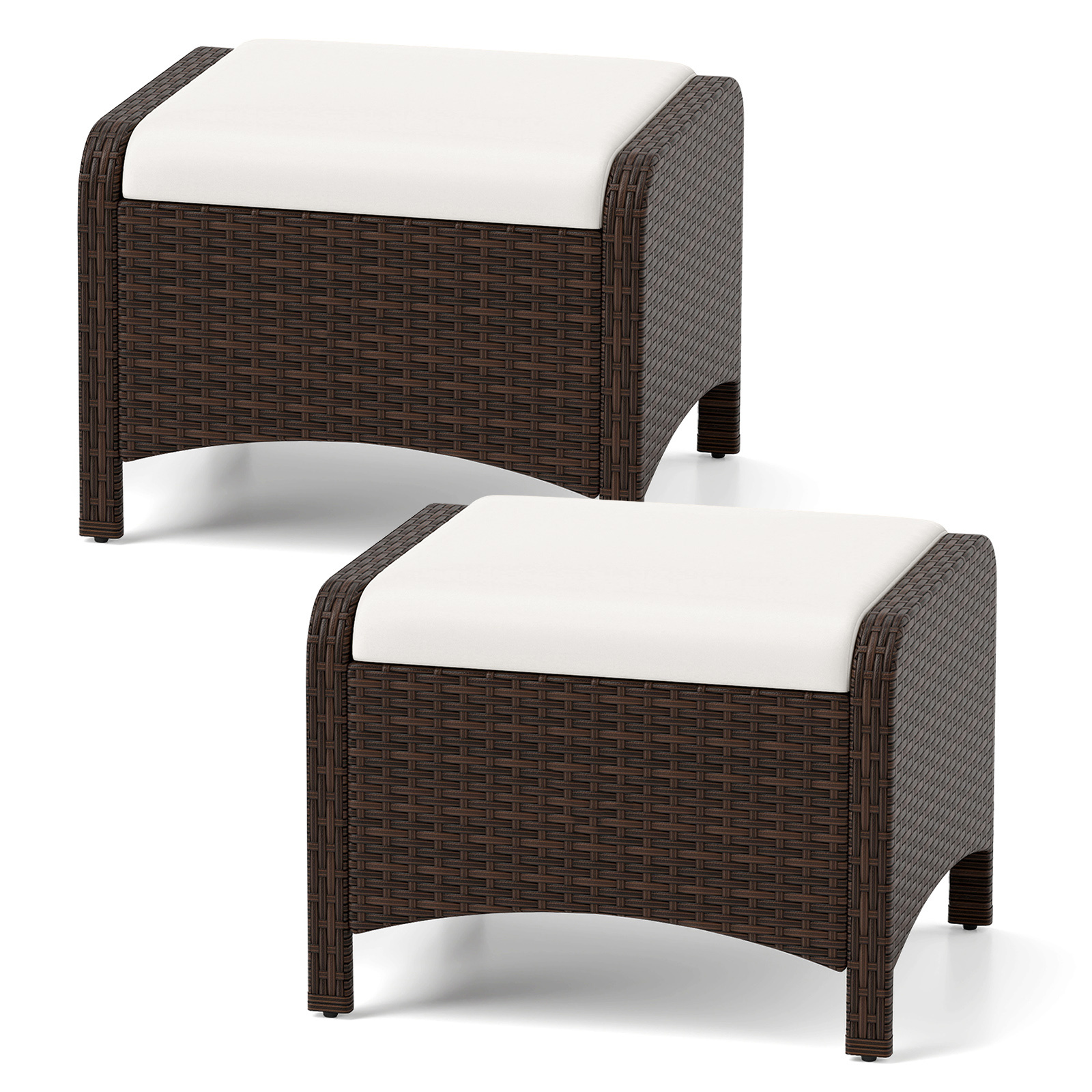 Set-di-2-poggiapiedi-da-giardino-in-PE-rattan-con-cuscino-rimovibile-mediaId105131301-1781753414.jpg Costway Set di 2 poggiapiedi da giardino in PE rattan con cuscino rimovibile, Pouf da esterno ottomano multiuso Bianco - immagine 1