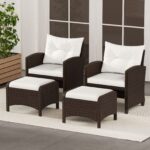Costway Set di 2 poggiapiedi da giardino in PE rattan con cuscino rimovibile, Pouf da esterno ottomano multiuso Bianco - immagine 3