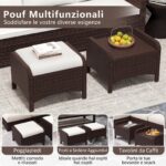 Costway Set di 2 poggiapiedi da giardino in PE rattan con cuscino rimovibile, Pouf da esterno ottomano multiuso Bianco - immagine 7