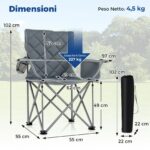 Costway Set di 2 sedia da campeggio oversize pieghevole per esterni con tasca frigorifero, Sedia da prato imbottita con borsa Grigio - immagine 3