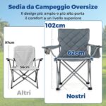 Costway Set di 2 sedia da campeggio oversize pieghevole per esterni con tasca frigorifero, Sedia da prato imbottita con borsa Grigio - immagine 4
