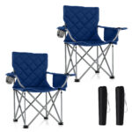 Costway Set di 2 sedia da campeggio oversize pieghevole per esterni con tasca frigorifero, Sedia da prato imbottita con borsa Blu scuro