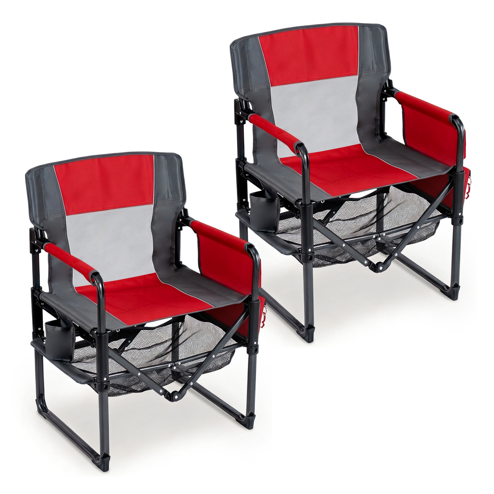 Set-di-2-sedia-da-regista-pieghevole-con-portabicchiere-apribottiglie-mediaId105189447-1784611395.jpg Costway Set di 2 sedia da regista pieghevole con portabicchiere apribottiglie, sedia da campeggio in metallo tasca laterale e rete portaoggetti Rosso - immagine 1