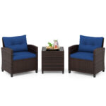 Costway Set di 3 mobili da patio con 4 cuscini rimovibili, Set di 2 sedie e 1 tavolino in rattan con piano in vetro Blu scuro