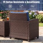 Costway Set di 3 mobili da patio con 4 cuscini rimovibili, Set di 2 sedie e 1 tavolino in rattan con piano in vetro Blu scuro - immagine 9