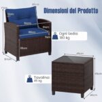 Costway Set di 3 mobili da patio con 4 cuscini rimovibili, Set di 2 sedie e 1 tavolino in rattan con piano in vetro Blu scuro - immagine 5