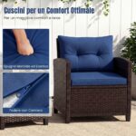 Costway Set di 3 mobili da patio con 4 cuscini rimovibili, Set di 2 sedie e 1 tavolino in rattan con piano in vetro Blu scuro - immagine 7