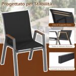 Costway Set di 6 sedie da giardino impilabili in tessuto traspirante e acciaio, Poltrone ergonomiche con braccioli portata 180 kg Nero - immagine 5