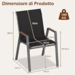 Costway Set di 6 sedie da giardino impilabili in tessuto traspirante e acciaio, Poltrone ergonomiche con braccioli portata 180 kg Nero - immagine 4