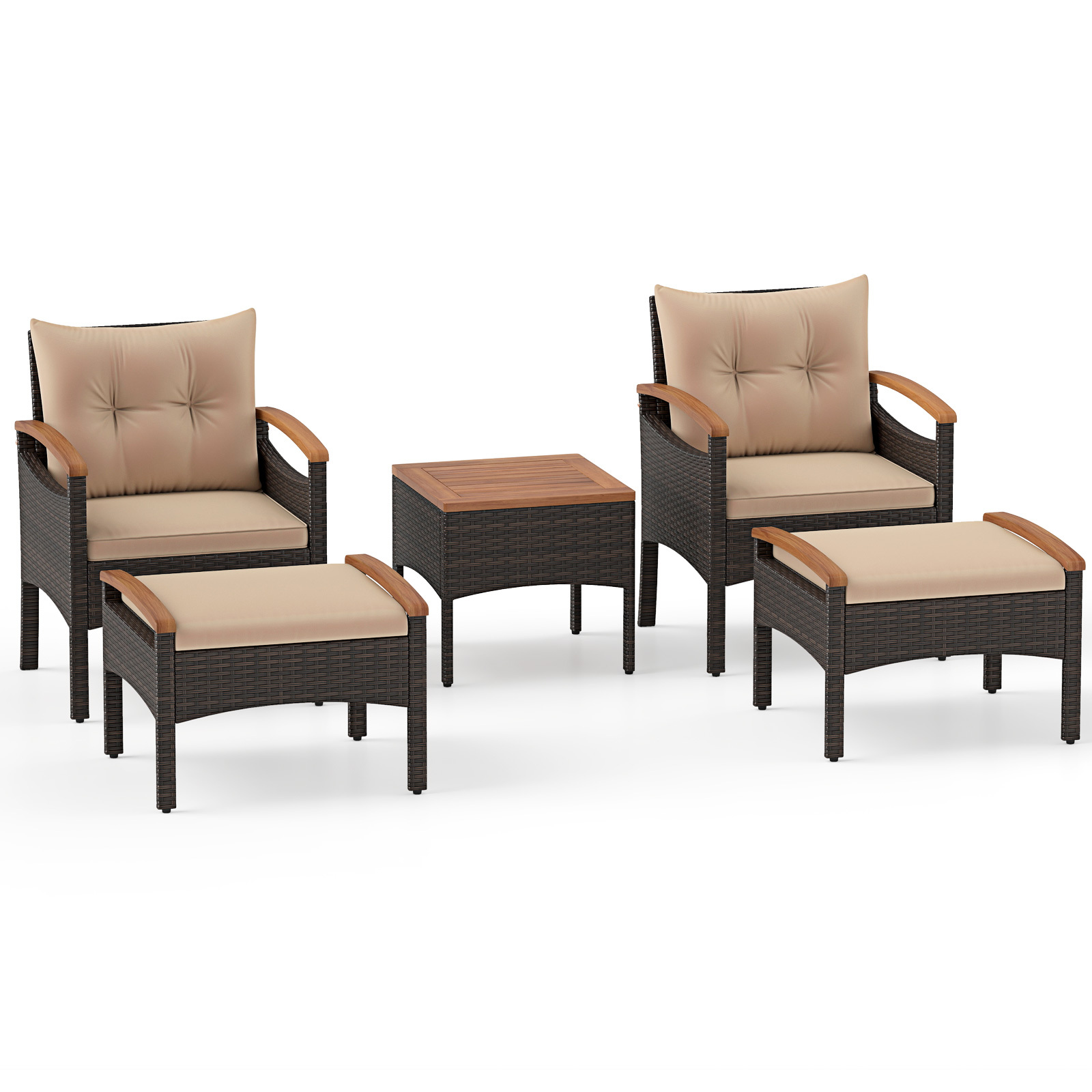 Set-di-divani-in-rattan-da-5-pezzi-con-cuscini-per-sedili-schienale-mediaId103881113-1776755449.jpg Costway Set di divani in rattan da 5 pezzi con cuscini per sedili schienale, Set in vimini da giardino per cortile Beige - immagine 1