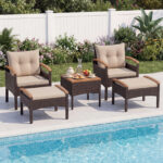 Costway Set di divani in rattan da 5 pezzi con cuscini per sedili schienale, Set in vimini da giardino per cortile Beige - immagine 2