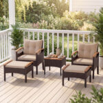 Costway Set di divani in rattan da 5 pezzi con cuscini per sedili schienale, Set in vimini da giardino per cortile Beige - immagine 4