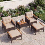 Costway Set di divani in rattan da 5 pezzi con cuscini per sedili schienale, Set in vimini da giardino per cortile Beige - immagine 3