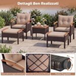 Costway Set di divani in rattan da 5 pezzi con cuscini per sedili schienale, Set in vimini da giardino per cortile Beige - immagine 7