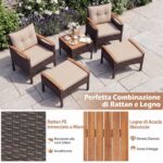 Costway Set di divani in rattan da 5 pezzi con cuscini per sedili schienale, Set in vimini da giardino per cortile Beige - immagine 9