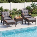 Costway Set di divani in rattan da 5 pezzi con cuscini per sedili schienale, Set in vimini da giardino per cortile Grigio - immagine 2