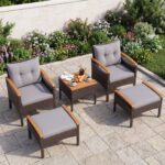 Costway Set di divani in rattan da 5 pezzi con cuscini per sedili schienale, Set in vimini da giardino per cortile Grigio - immagine 3