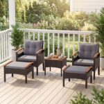 Costway Set di divani in rattan da 5 pezzi con cuscini per sedili schienale, Set in vimini da giardino per cortile Grigio - immagine 4