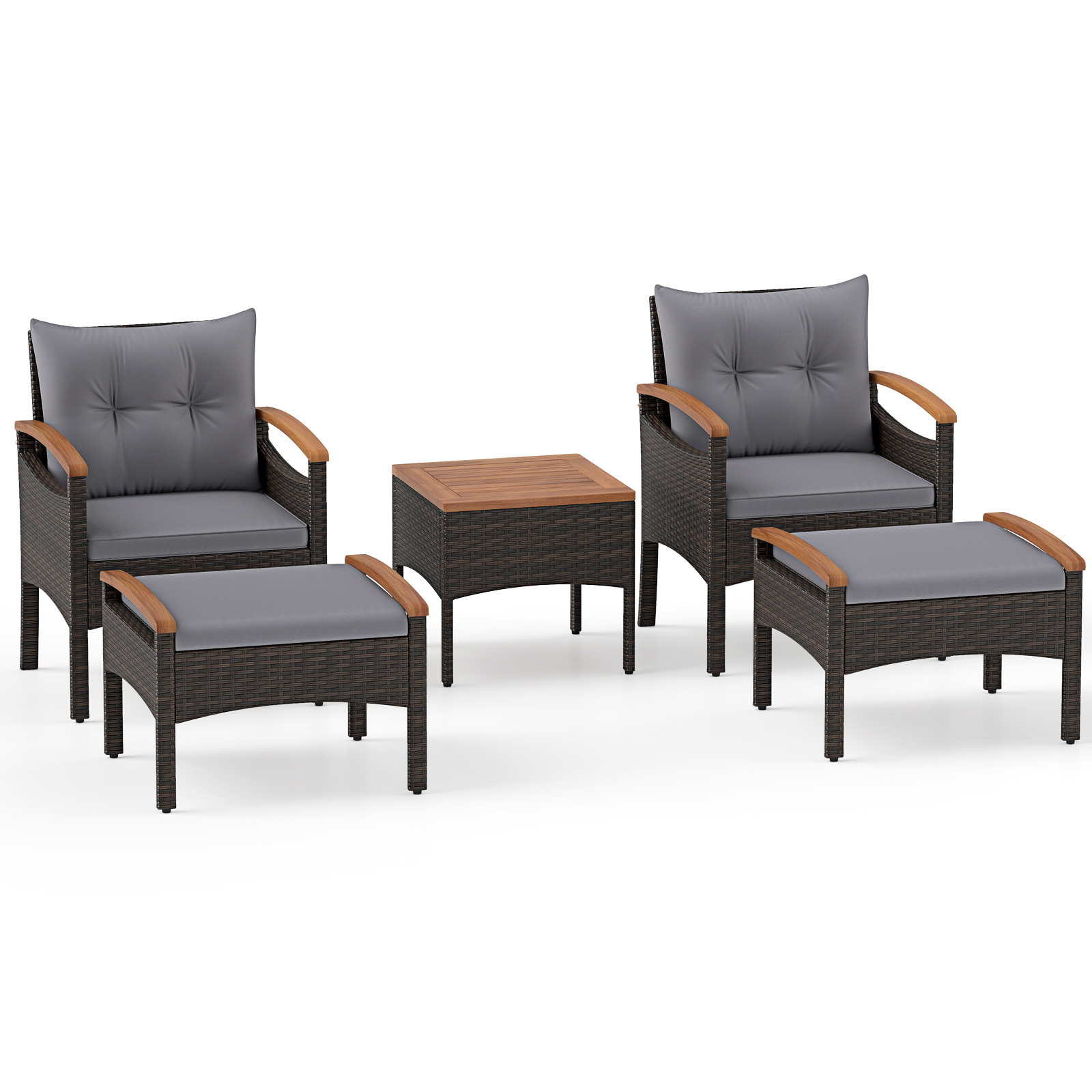 Set-di-divani-in-rattan-da-5-pezzi-con-cuscini-per-sedili-schienale-mediaId104249734-1776755511.jpg Costway Set di divani in rattan da 5 pezzi con cuscini per sedili schienale, Set in vimini da giardino per cortile Grigio - immagine 1