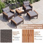 Costway Set di divani in rattan da 5 pezzi con cuscini per sedili schienale, Set in vimini da giardino per cortile Grigio - immagine 6