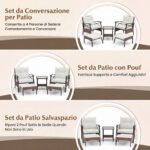 Costway Set di mobili da giardino in rattan a 5 pezzi con sedie e poggiapiedi esterni, Tavolino in vetro temperato a 2 livelli con cuscini per portico e balcone Beige - immagine 8