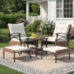 Costway Set di mobili da giardino in rattan a 5 pezzi con sedie e poggiapiedi esterni, Tavolino in vetro temperato a 2 livelli con cuscini per portico e balcone Beige - immagine 2