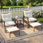 Costway Set di mobili da giardino in rattan a 5 pezzi con sedie e poggiapiedi esterni, Tavolino in vetro temperato a 2 livelli con cuscini per portico e balcone Beige - immagine 3