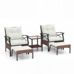 Costway Set di mobili da giardino in rattan a 5 pezzi con sedie e poggiapiedi esterni, Tavolino in vetro temperato a 2 livelli con cuscini per portico e balcone Beige - immagine 6
