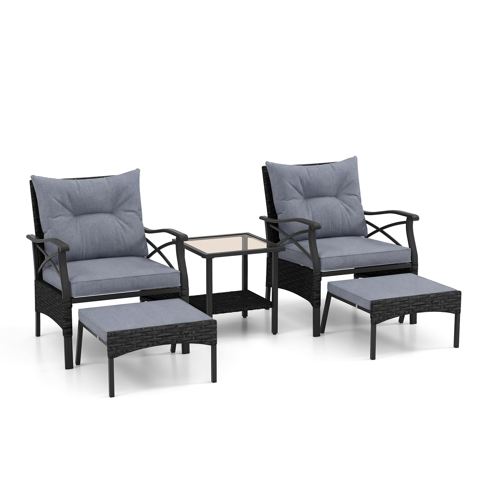 Set-di-mobili-da-giardino-in-rattan-a-5-pezzi-con-sedie-e-poggiapiedi-esterni-mediaId103557504-1770953730.jpg Costway Set di mobili da giardino in rattan a 5 pezzi con sedie e poggiapiedi esterni, Tavolino in vetro temperato a 2 livelli con cuscini per portico e balcone Nero - immagine 1