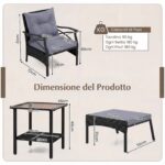 Costway Set di mobili da giardino in rattan a 5 pezzi con sedie e poggiapiedi esterni, Tavolino in vetro temperato a 2 livelli con cuscini per portico e balcone Nero - immagine 7