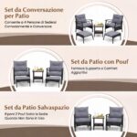 Costway Set di mobili da giardino in rattan a 5 pezzi con sedie e poggiapiedi esterni, Tavolino in vetro temperato a 2 livelli con cuscini per portico e balcone Nero - immagine 8