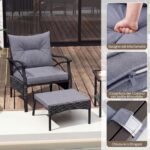 Costway Set di mobili da giardino in rattan a 5 pezzi con sedie e poggiapiedi esterni, Tavolino in vetro temperato a 2 livelli con cuscini per portico e balcone Nero - immagine 11