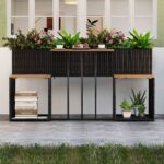 Costway Set di mobili da patio con letto da giardino rialzato in legno di acacia, Tavolo e sedie in rattan PE con spazio di stoccaggio per veranda - immagine 3