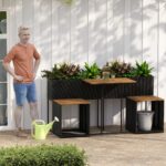 Costway Set di mobili da patio con letto da giardino rialzato in legno di acacia, Tavolo e sedie in rattan PE con spazio di stoccaggio per veranda - immagine 2