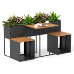Costway Set di mobili da patio con letto da giardino rialzato in legno di acacia, Tavolo e sedie in rattan PE con spazio di stoccaggio per veranda - immagine 4