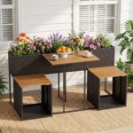 Costway Set di mobili da patio con letto da giardino rialzato in legno di acacia, Tavolo e sedie in rattan PE con spazio di stoccaggio per veranda Marrone - immagine 2