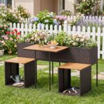 Costway Set di mobili da patio con letto da giardino rialzato in legno di acacia, Tavolo e sedie in rattan PE con spazio di stoccaggio per veranda Marrone - immagine 3