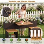Costway Set di mobili da patio con letto da giardino rialzato in legno di acacia, Tavolo e sedie in rattan PE con spazio di stoccaggio per veranda Marrone - immagine 6