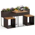 Costway Set di mobili da patio con letto da giardino rialzato in legno di acacia, Tavolo e sedie in rattan PE con spazio di stoccaggio per veranda Marrone - immagine 4