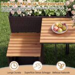 Costway Set di mobili da patio con letto da giardino rialzato in legno di acacia, Tavolo e sedie in rattan PE con spazio di stoccaggio per veranda Marrone - immagine 8