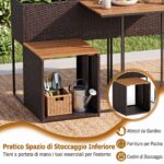 Costway Set di mobili da patio con letto da giardino rialzato in legno di acacia, Tavolo e sedie in rattan PE con spazio di stoccaggio per veranda Marrone - immagine 10
