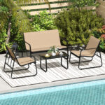 Costway Set di mobili da patio con tavolino in vetro temperato, Set da conversazione per esterni con telaio metallico Marrone - immagine 4