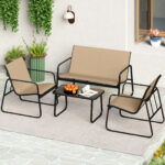 Costway Set di mobili da patio con tavolino in vetro temperato, Set da conversazione per esterni con telaio metallico Marrone - immagine 3