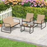 Costway Set di mobili da patio con tavolino in vetro temperato, Set da conversazione per esterni con telaio metallico Marrone - immagine 2