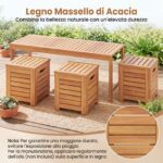 Costway Set di panca da giardino e 3 contenitori in legno massello con coperchio e maniglia, Panchina a 2 posti con baule multiuso deposito sotto seduta - immagine 7