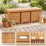 Costway Set di panca da giardino e 3 contenitori in legno massello con coperchio e maniglia, Panchina a 2 posti con baule multiuso deposito sotto seduta - immagine 9