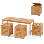 Costway Set di panca da giardino e 3 contenitori in legno massello con coperchio e maniglia, Panchina a 2 posti con baule multiuso deposito sotto seduta - immagine 4