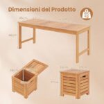 Costway Set di panca da giardino e 3 contenitori in legno massello con coperchio e maniglia, Panchina a 2 posti con baule multiuso deposito sotto seduta - immagine 5
