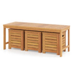 Costway Set di panca da giardino e 3 contenitori in legno massello con coperchio e maniglia, Panchina a 2 posti con baule multiuso deposito sotto seduta